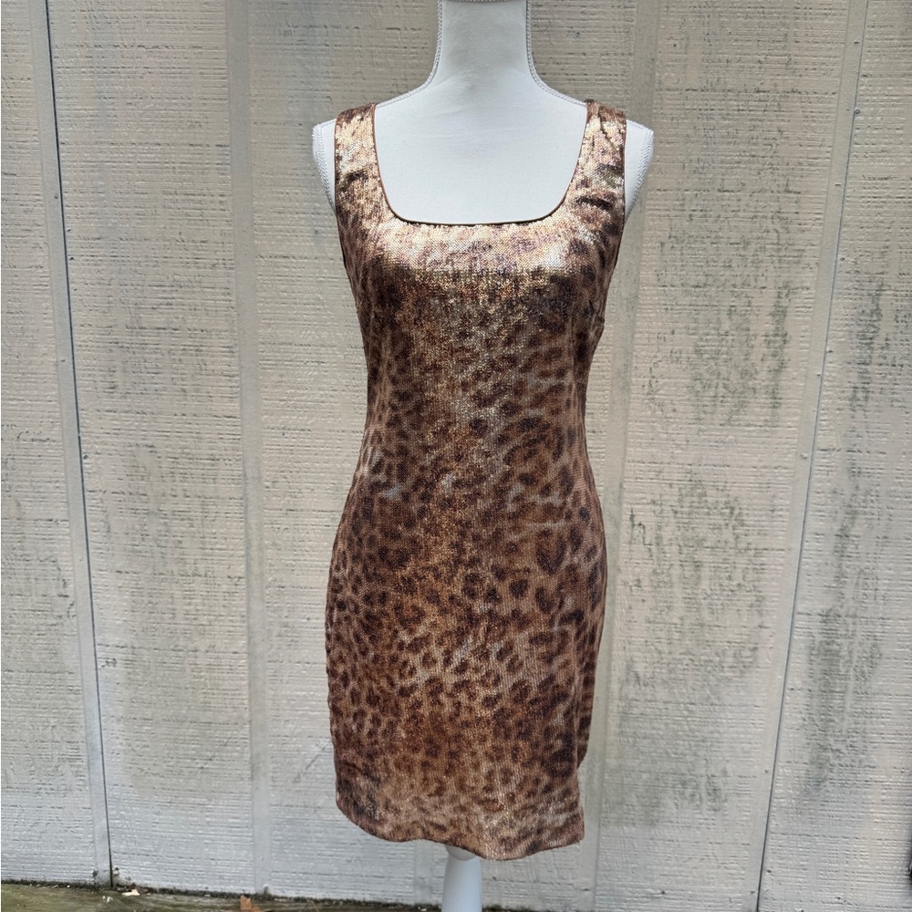 Cache Leopard Print Sequined Sleeveless Open Back Mini Dress